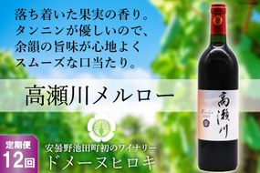 【12回 定期便 】【落ち着いた果実の香り】 赤 ワイン 高瀬川メルロー 750ml×1本 [ヴィニョブル安曇野 DOMAINE HIROKI 長野県 池田町 48110595] 赤ワイン お酒 酒