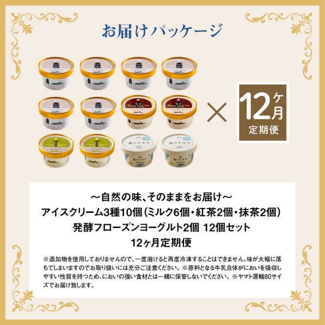 【定期便：全12回】【無添加】北海道 アイスクリーム3種×10個（ミルク・紅茶・抹茶）とフローズンヨーグルト×2個セット【11049】