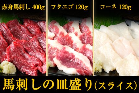 馬刺しの皿盛り(スライス)640g【熊本肥育】 赤身400g/フタエゴ120g/コーネ120g(タレ5ml×6袋) 《30日以内に出荷予定(土日祝除く)》---ng_fjs03_30d_r7_17000_640g---