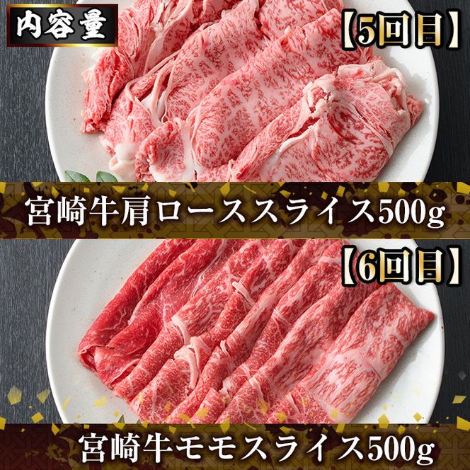 ＜定期便・全6回(連続)＞宮崎牛スライス定期便(総量2.9kg) 牛肉 肉 肩ロース ウデ バラ もも しゃぶしゃぶ すき焼き  精肉 お取り寄せ 黒毛和牛 ブランド和牛 冷凍 国産【R-80】【ミヤチク】