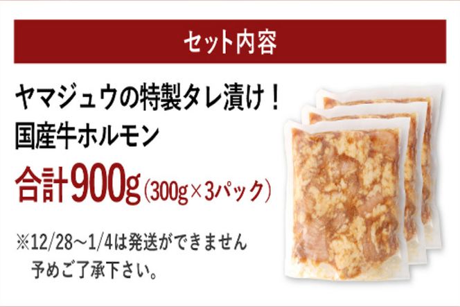 ヤマジュウの特製タレ漬け！国産牛ホルモン９００ｇ　yj063