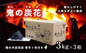 鬼の炭花～おにのすみか～樫の木炭　切炭3kg×3箱セット　＜薪 ストーブ アウトドア キャンプ ピザ ボイラー 自然 火 炎 燃料 焚火 暖炉 窯焼き  焚火 キャンプファイヤー 愛媛県 鬼北町>