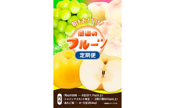 【2025年先行予約】 定期便3回コース(隔月) 岡山のフルーツ 岡山の白桃8玉 (計1.7kg以上) シャインマスカット 晴王 2房 (1房600g以上) あたご梨 4~5玉 (約4kg) 化粧箱入り 株式会社山博(中本青果) 《2025年7月上旬-11月下旬頃出荷》 岡山県 浅口市 送料無料---124_c278tei_23_71000_jul3---