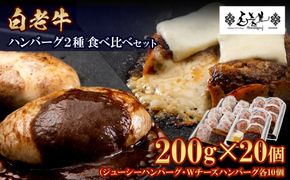 白老牛 2種 食べ比べ ハンバーグ セット 合計20個 モッツァレラ ベーコン 網脂 特製ソース 手造り BY084