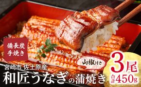 【宮崎市佐土原産】和匠うなぎの備長炭手焼き蒲焼3尾450ｇセット_M080-009