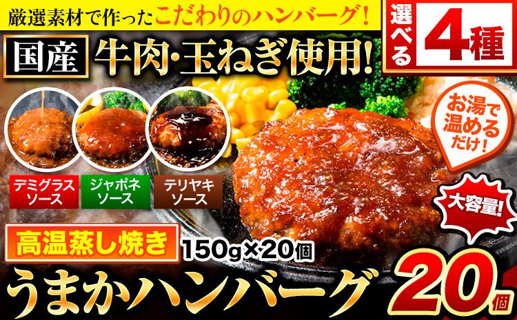 ハンバーグ 冷凍 大容量 20個 [7-14日以内に出荷予定(土日祝除く)]国産 肉 牛肉 ソース デミグラス 和風 ジャポネ テリヤキ 照り焼き 湯煎 訳あり 人気 熊本 玉東町 豚肉 返礼品 温めるだけ 小分け 選べる 食べ比べ 簡単 調理 特製 惣菜--gkt_fjihnv_wx_24_13000_20i_nd--