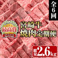 ＜定期便・全6回(連続)＞宮崎牛焼肉定期便(総量2.6kg)  牛肉 もも 肉 肩ロース ウデ BBQ 精肉 お取り寄せ 黒毛和牛 ブランド和牛 冷凍 国産【R-79】【ミヤチク】