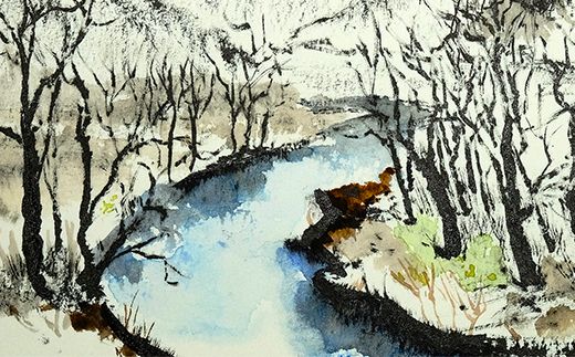 121-1263-64　北海道釧路町の大自然 絵画「早春の別保川」１枚 