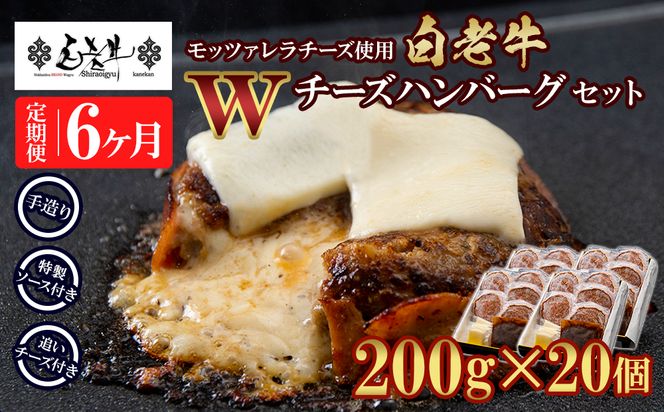 定期便6カ月 お楽しみ 白老牛 Ｗチーズ ハンバーグ セット 20個 モッツァレラ 特製ソース ベーコン 手造り BY095