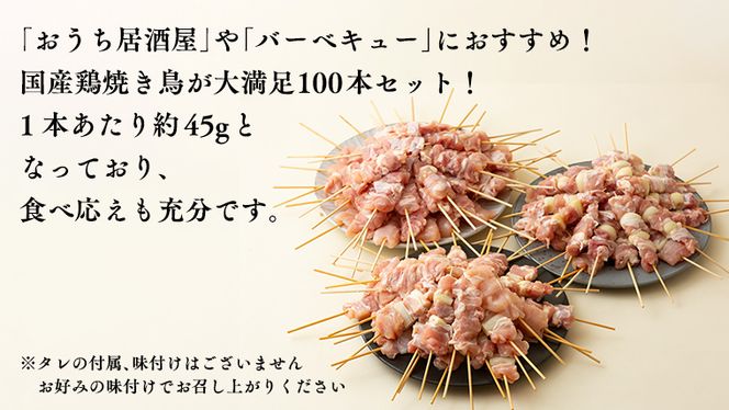 1本45g×100本！合計約4500g！ボリュームたっぷり、国産鶏 焼き鳥 5種100本 セット （各20本入り） 焼鳥 鶏肉 おかず おつまみ [AI12-NT]