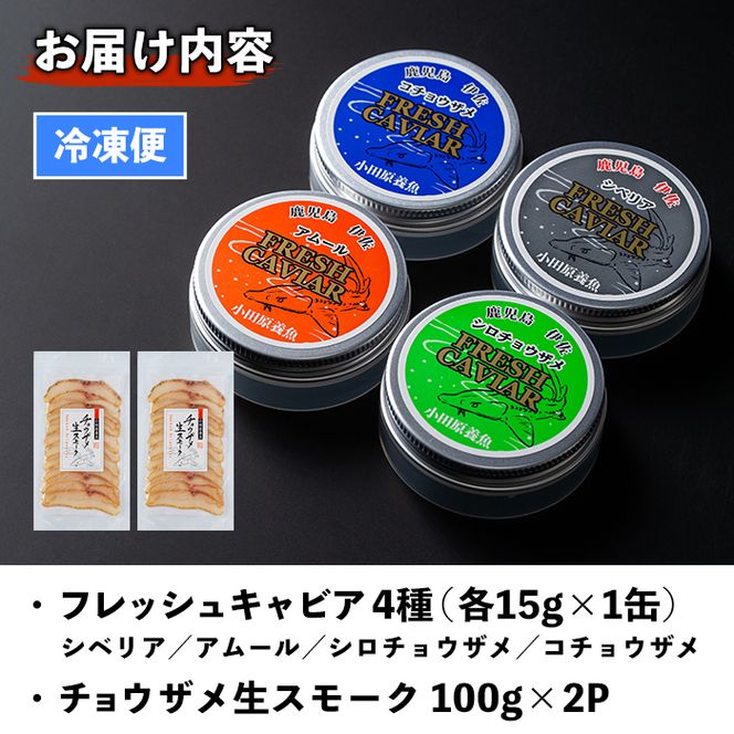 F3-01 純国産フレッシュキャビア(計60g・15g×4種類)＆チョウザメ生スモーク(200g)セット！【小田原養魚】