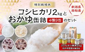 B4108 【令和6年産米】新潟県岩船産　特別栽培米コシヒカリ2kgと【米がうまい！】おかゆ缶詰（4種 9缶）のセット