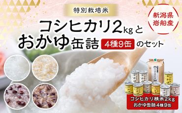 B4108 【令和5年産米】新潟県岩船産　特別栽培米コシヒカリ2kgと【米がうまい！】おかゆ缶詰（4種 9缶）のセット