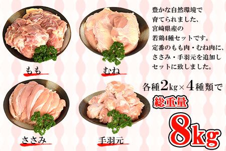 ＜宮崎県産若鶏4種 総重量8kgセット＞翌月末迄に順次出荷【c624_dm_x2】