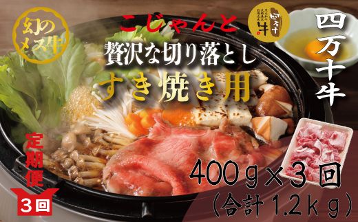 23-716．【3回定期便】こじゃんと贅沢な切り落とし（すき焼用）400g×3回（合計1.2kg）