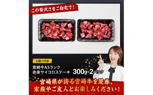 宮崎牛A5ランク赤身サイコロステーキ合計600ｇ 【 肉 牛肉 国産 黒毛和牛 宮崎牛 A5 焼肉 サイコロステーキ ステーキ 宮崎県 川南町 】 [D11403]	