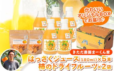 まーくん家のはっさくジュース(180ml×5本)と柿のドライフルーツ2袋 [90日以内に出荷予定(土日祝除く)] 和歌山県 紀の川市 柑橘 はっさく柿 たねなし柿 きただ農園まーくん家 化学肥料・除草剤不使用 八朔 カキ---wsk_ktdhsjkdf_90d_22_10000_180ml---