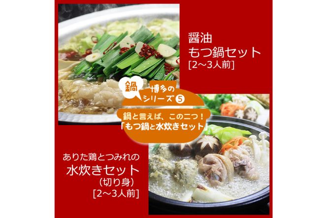 博多の人気鍋2種 セット 和風醤油もつ鍋 2〜3人前 & 博多水炊き(切り身) 2〜3人前 計4～6人前 [ベネフィス 福岡県 筑紫野市 21760844] もつ鍋 モツ鍋 水炊き もつ モツ 鶏 鶏肉 とり肉 国産 冷凍