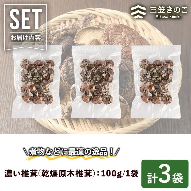 濃い椎茸(3袋・計300g) 国産 しいたけ シイタケ きのこ キノコ セット 個包装 乾燥原木 真空パック【三笠えのき茸生産組合】a-12-223-z