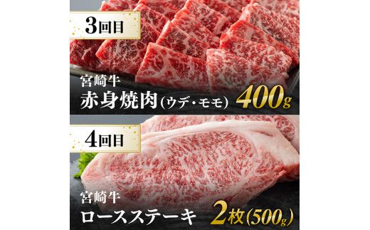 【6ヶ月定期便】宮崎牛定期便B（ ステーキ ・ 焼肉 ） 全6回【 肉 牛肉 国産 宮崎県産 宮崎牛 黒毛和牛 和牛 ステーキ 焼肉 4等級 A4ランク 】 [E11134t6]