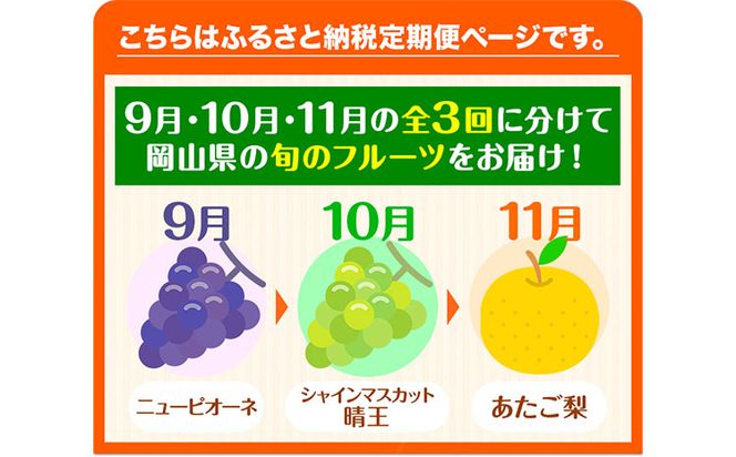 【2025年先行予約】 定期便3回コース 岡山のフルーツ ニューピオーネ 2房 (1房600g以上) シャインマスカット 晴王 2房 (1房600g以上) あたご梨 2玉 (1玉約750g) 化粧箱入り 株式会社山博(中本青果) 《2025年9月上旬-11月下旬頃出荷》 岡山県 浅口市 送料無料---124_c303tei_23_58000_sep3---