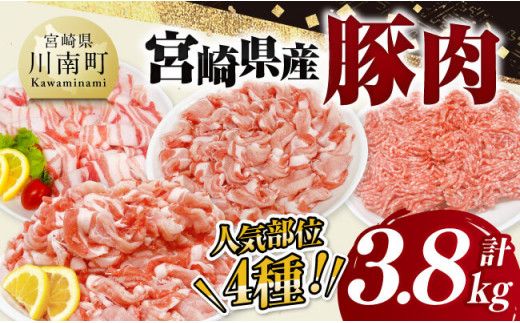 宮崎県産豚肉 4種 3.8kg [ 豚肉 豚 肉 宮崎県産 セット 切り落とし しゃぶしゃぶ ミンチ 送料無料 ][C11619]