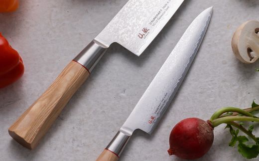 H50-35 ひねり 八角柄 ダマスカス 三徳+ペティセット（TO-02/04）