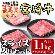 宮崎牛スライスセット(合計1.1kg)ウデ(400g)モモ(400g)肩ロース(300g)3部位食べ比べ牛肉 うで もも カタ すき焼き 肉巻き スライス 精肉 お肉 スライス お取り寄せ 黒毛和牛 ブランド和牛 冷凍 国産【R-76】【ミヤチク】