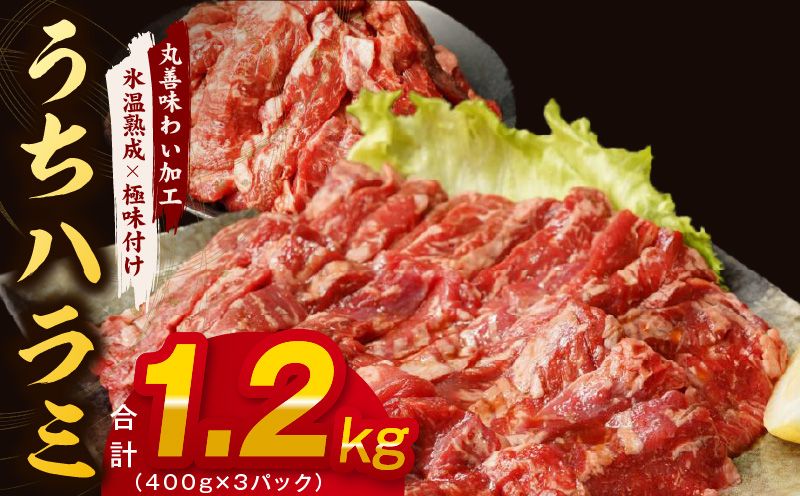 mrz0029 [希少部位]牛肉 うちハラミ 1.2kg 小分け 400g×3P[氷温熟成×特製ダレ 味付き 牛肉 訳あり 不揃い 焼肉 BBQ 野菜炒め]