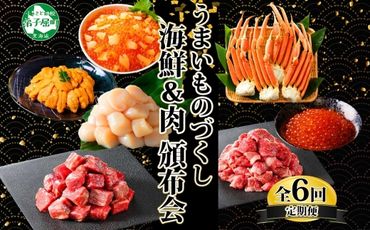 ■定期便■ 1586. 海鮮肉 頒布会 全6回 ズワイガニ足 1kg サイコロステーキ 400g 数の子いくら200g  ウニ チリ産 冷凍 雲丹 うに 100g 鱒いくら 200g スライス 500g ホタテ 蟹 かに カニ 肉 送料無料 北海道 弟子屈町