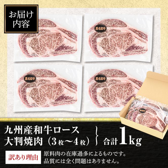 isa574 ＜訳あり＞九州産和牛ロース大判焼肉(合計1kg・3枚～4枚) 4等級以上 国産 真空包装 真空パック リブロース ステーキ 牛 うし 牛肉 アウトドア BBQ 冷凍 【サンキョーミート株式会社】