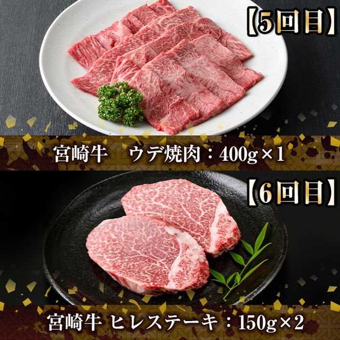 【定期便・全6回(連続)】宮崎牛定期便＜Bセット＞お楽しみ 牛肉 国産 定期 ヒレ肉 ひれにく モモ ウデ ロース バラ スライス 宮崎県産 黒毛和牛 小間切れ 焼肉 ステーキ しゃぶしゃぶ すき焼き【R-68】【株式会社ミヤチク】