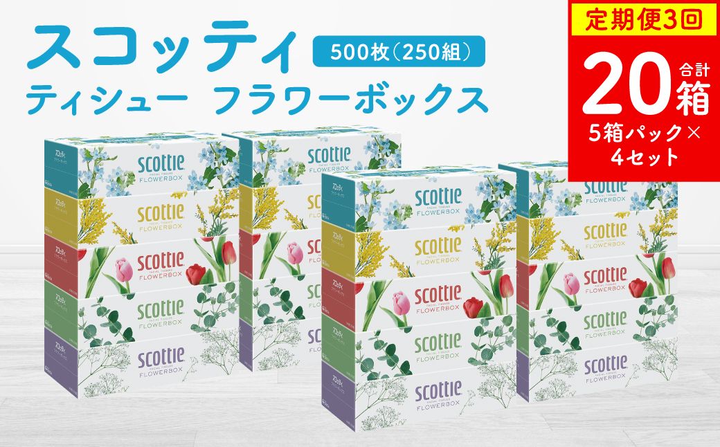 [定期便3回][毎月お届け][スコッティ]ティシュー フラワーボックス 250組 5箱パック×4セット 合計20箱 ティッシュ 日用品 生活必需品 消耗品 紙 まとめ買い 備蓄 防災備蓄 デザインボッ