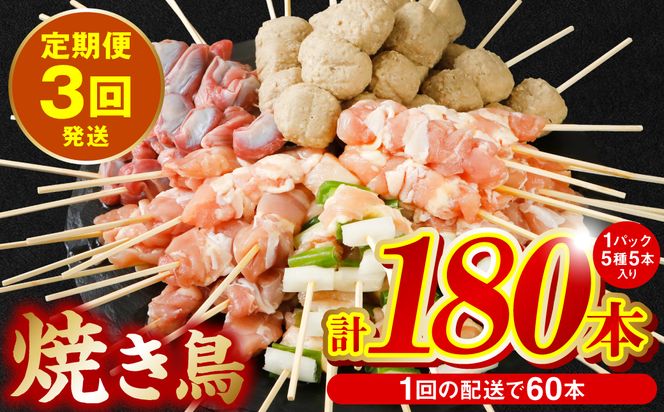 【定期便3回】 やきとり5種 60本セット 期間合計180本 焼き鳥 国産 鶏肉 串 九州産 冷凍 小分け ねぎま とろ もも 砂肝 つくね