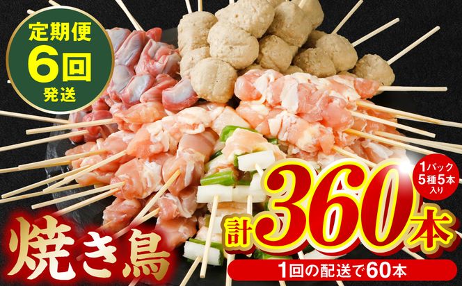 【6回定期便】やきとり5種 60本セット (期間合計360本) 国産 鶏肉 串 九州産 冷凍 小分け ねぎま とろ もも 砂肝 つくね