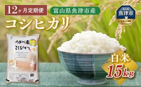 【12ヶ月定期便】富山県 魚津市産米「コシヒカリ」15kg（5kg×3袋）（精米）｜12ヶ月定期便 12回 12ヶ月 こしひかり こめ コメ お米 おこめ 白米 精米 雪解け水 香り うまみ あまみ 冷めても 美味しい おにぎり お弁当 高品質 魚津市 ※北海道・沖縄・離島への配送不可