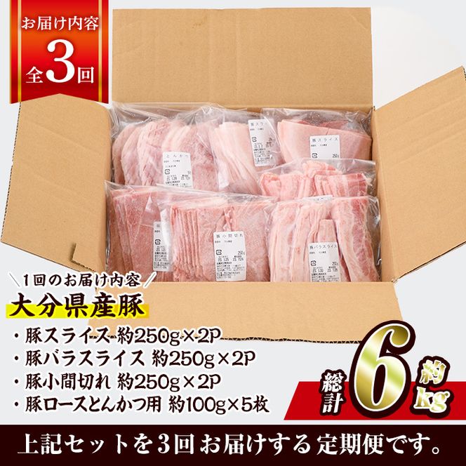 ＜定期便・全3回 (連続)＞豚肉 バラエティーパック (総量6kg・4種) 小分け 豚バラ スライス とんかつ ロース 豚こま しゃぶしゃぶ 鍋 大分県 佐伯市【BD208】【西日本畜産 (株)】