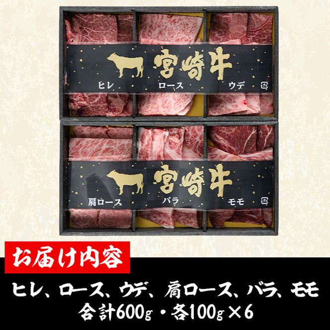 ＜宮崎牛・3D冷凍＞6部位食べ比べ焼肉(合計600g)牛肉 肉 ロース バラ モモ ヒレ ウデ セット 黒毛和牛 BBQ 国産 冷凍 宮崎県 門川町【R-27】【株式会社ミヤチク】