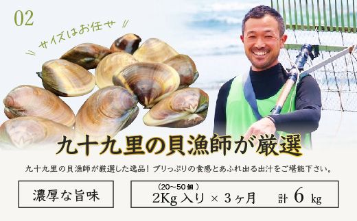 ＜3ヶ月毎月届く定期便!＞九十九里浜産活天然はまぐりサイズお任せ2kg入り SMBB005