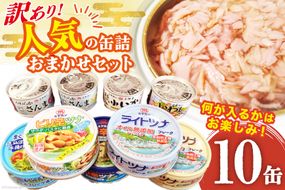 【CF02】訳あり お任せ 缶詰 人気10缶セット [ミヤカン 宮城県 気仙沼市 20563805] ツナ缶 さば缶 さんま缶 いか缶 いわし缶 詰め合わせ おかず 小分け 常備 ストック 長期保存