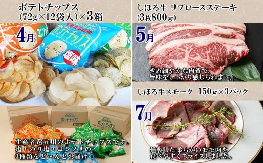 しほろ プレミアム 定期便 全10回 しほろ牛 リブロース サーロインステーキ よつ葉 バター コロッケ ポテトチップス フライドポテト ローストビーフ アイス 国産 冷凍 詰め合わせ お取り寄せ 頒布会 送料無料 十勝 士幌町【X26】