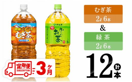 [3ヶ月定期便]伊藤園 むぎ茶(2L)&緑茶(2L)(PET)12本 [ 飲料類 お茶 麦茶 緑茶 PET セット 詰め合わせ 飲みもの 全3回 ] [D07368t3]