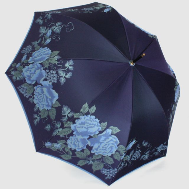 CB037 【槙田商店】晴雨兼用長傘　絵おり　バラとぶどう　ネイビー