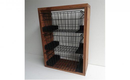 ブラウン　3カゴ ワイヤーバスケット シェルフ ハンドメイド 木製 家具 859e13b0dc19faf77c583ed4103dd2