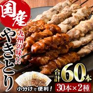 国産 焼き鳥 甘たれ もも皮串・うま塩もも串 セット(合計60本・30本×2種)鶏肉 もも肉 焼鳥 小分け 便利 冷凍 バーベキュー 惣菜 おかず おつまみ 柚子胡椒付き【V-54】【味鶏フーズ】