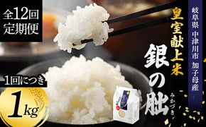 ＜テレビで紹介されました！＞令和8年産 新米【全12回定期便】皇室献上米『銀の朏』1kg 中津川市加子母産 栽培期間中化学肥料不使用 お米 新米 精米 F4N-2887