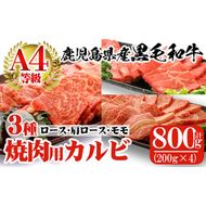 a483 鹿児島県産黒毛和牛(A4等級)焼肉用スライス牛肉(計800g)カルビ3種詰め合わせセット！【財宝】国産 肉 牛肉 カルビ 焼き肉 スライス セット