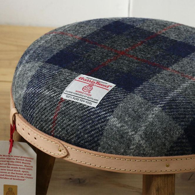 まぁるいスツール【ネイビー&グレーチェック×ブラウン】 子供 椅子イスキッズ HARRIS TWEED（ハリスツイード） 家具   Z089