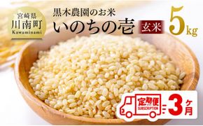 【3ヶ月定期便】 黒木農園のお米 「いのちの壱(玄米)」 5kg 【 米 お米 玄米 国産 宮崎県産 いのちのいち おにぎり 】 [D03202t3]