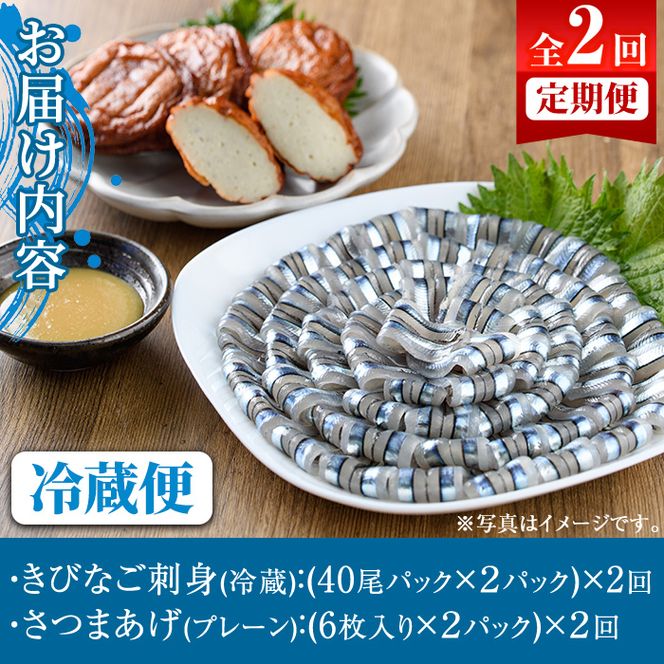 ＜定期便・全2回(冷蔵便)＞鹿児島県産！阿久根のきびなごお刺身とさつま揚げセット(きびなご(40尾×2P)とさつま揚げ(プレーン・6枚×2P)×2回)国産 魚介 さつまあげ 惣菜 おかず おつまみ 頒布会 青魚 子魚 小分け【椎木水産】akn054-13